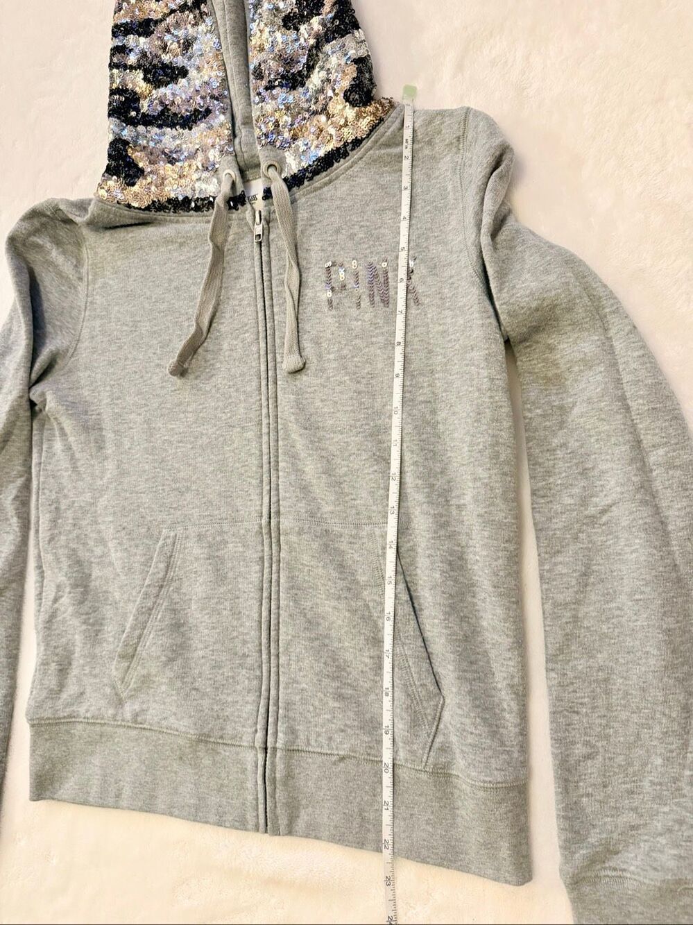 PINK Victoria’s Secret Gray Sequin Zebra Hood Zip-Up Hoodie XS - Y2K - Picture 5 of 10